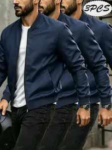 Men's 3-Piece Pilot Jacket Set, Classic Zipper Lightweight Baseball Jacket, Casual Slim Fit Flying Coat, //navy Colors
