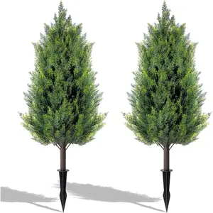 2 Pack 3FT Artificial Cedar Topiary Trees with Ground Spike, Realistic UV Resistant Fake Evergreen Bushes for Indoor Outdoor Porch Garden Office