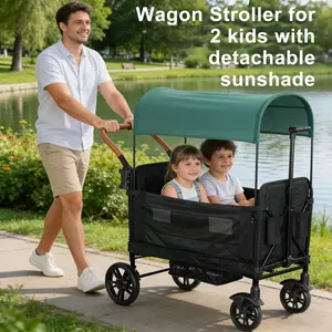 Wagon Stroller for 2 Kids, with Detachable Sunshade,2-Seat Wagon Stroller with Removable Canopy & All-Terrain Suspension for 0-36 Months Baby