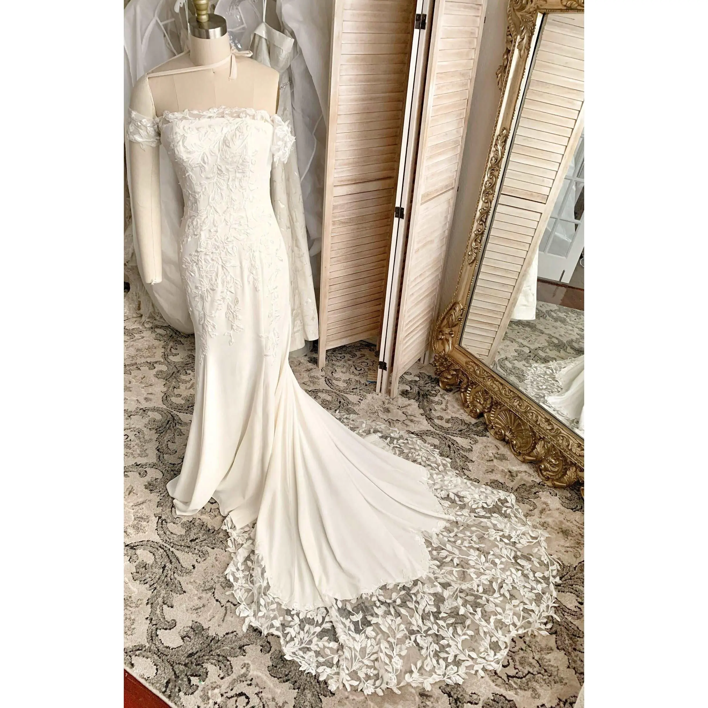 Women's Off-Shoulder Fit & Flare Wedding Gown - Light Ivory US6, Crepe & Lace Fabric, Sequined Leaf Detail, Sheer Cathedral Train, Full Length, Zip, Made to Order, Contact for More Information