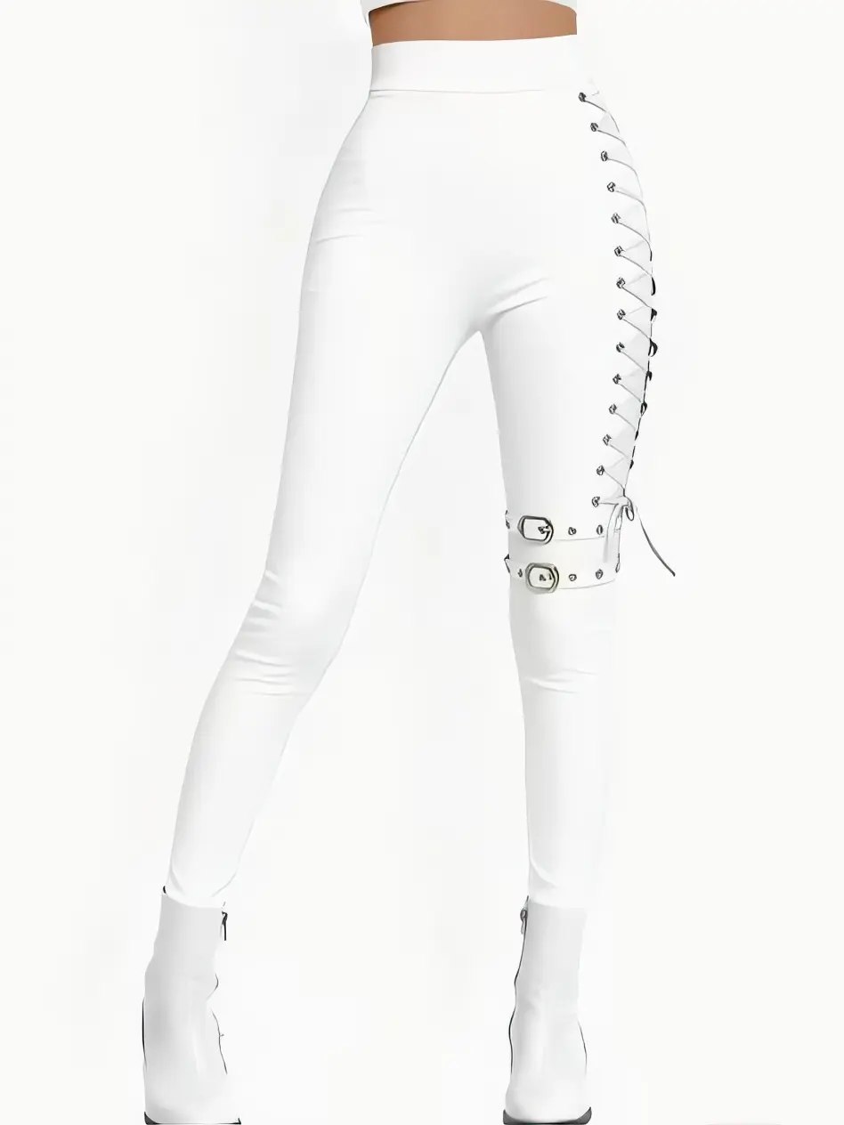 Gothic-style leggings, metal decorative buckles, metal eyelets, crisscrossing ribbons, tight-fitting women's trousers.