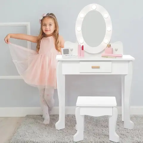 Kids' Vanity Set with Mirror and Light, Makeup Table and Stool for Girls, Vanity Table and Chair Set with Wood Makeup Playset for 4-9 Girls