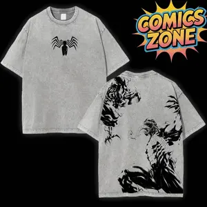 [Comics Zone] Carnage vs Venom Retro Oversized Heavyweight Cotton Vintage Washed Tee, Comics Superhero Shirt, Classic Movie Lover T-shirt, Movie Buff Tee, Film Fan Gift, Vintage Film Buff Gift Shirt For Superhero Fan Menswear Top IKQ RTE