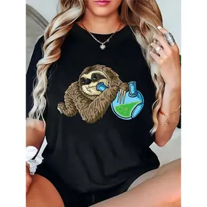 Women's Funny Sloth & Lab Beaker Graphic T-Shirt, Casual Science Enthusiast Tee for Daily/ School, Gift for Biology Chemistry Fans 100% Cotton T-shirt