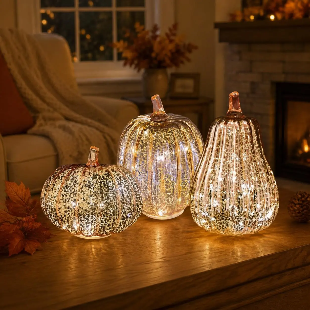 Mercury Glass LED Lighted Pumpkin Lantern, Home Decor Statue, Fall Harvest Thanksgiving Table Centerpiece for Indoor Mantel