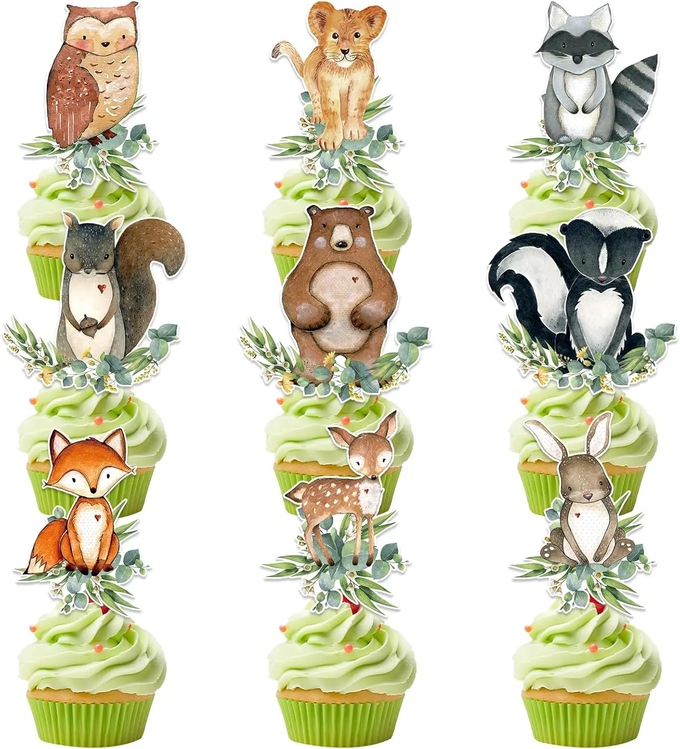 54-Piece Nature Lightweight Magical Woodland Animal Cupcake Toppers, Insert-Style Decor for Neutral Forest Baby Shower, Gender Reveal Party (Multicolor)