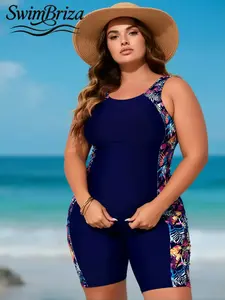 Briza｜Smooth Stretch Boyleg One Piece Swimsuit In Navy Floral Panels As Plus Size Swimwear For Plus Size Swimsuits Shoppers And A Bathing Suit Made As A Swimsuit For Women With Tummy Control Swimwear Support For Vacation Swimwear For Women