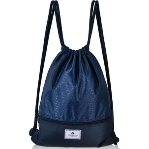 Drawstring Backpack, Folding Sports Gym Sackpack with Zipper Pockets, String Cinch Bag for Gym Shopping Sport Yoga Beach Travel Camping Workout Gear (Blue)