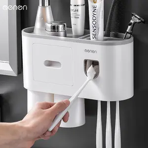 Wall-Mounted Toothbrush Holder Set – Auto Toothpaste Dispenser, 1-4 Magnetic Cups, No-Drill Install | Bathroom Organizer