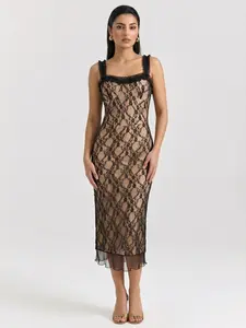 LikeMyChoice 2026 Black Nude Lace Slip Dress Ruffle Strap Midi Bodycon Fit Sheer Fabric for Evening Wear - Casual