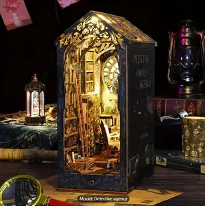 1pc, 3D Wooden Detective Name Society Book Stand with Sensor Light - DIY Bookshelf Micro Kit for Home Decoration and Birthday Gift