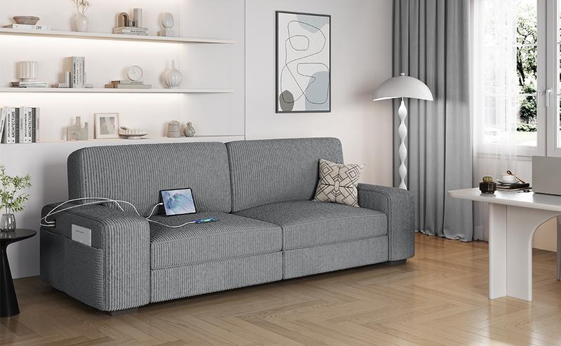 【2 Packages Delivery】Yaheetech Modern Corduroy Fabric Sofa Couch with Side Storage Pockets, USB Charging Ports, 83.5″ W 2-seater Upholstered Couch