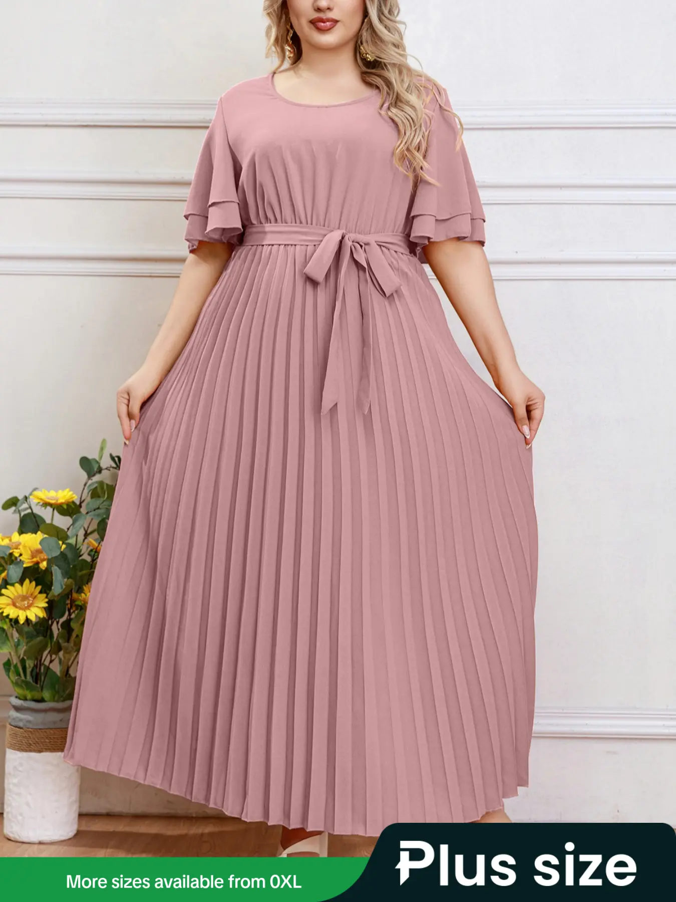New Summer Women's Square Neck Long Skirt, Slimming Puff Hem Dress, Short Sleeve Tie Waist Pleated Dress, Casual Loose-Fit Woven Fabric