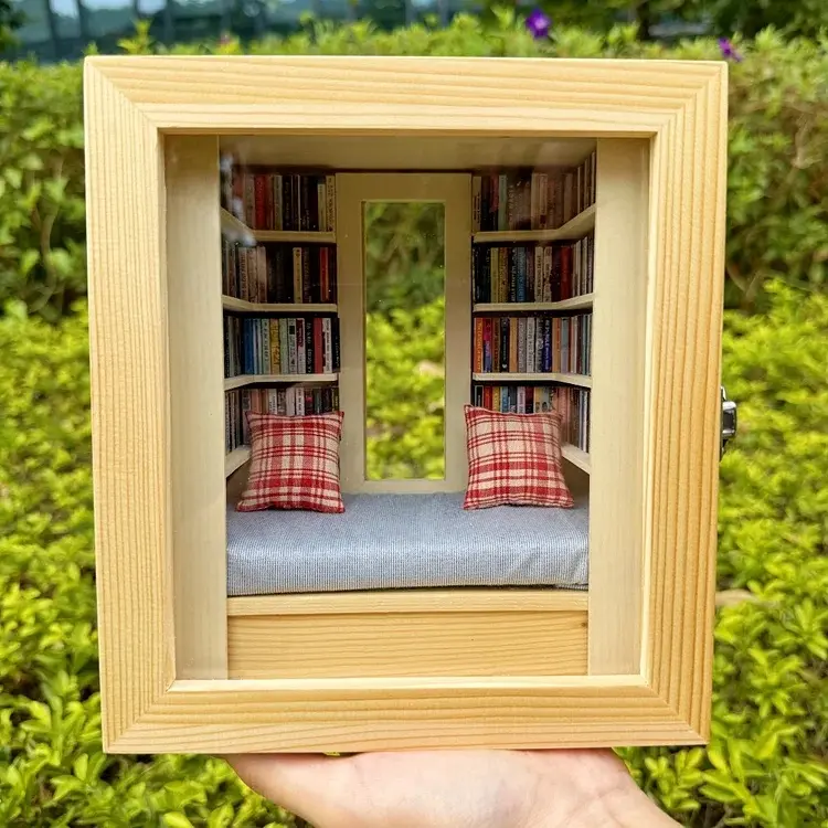 Room Box with Window Miniature Book Nook – Handcrafted Wooden Scene with 260+ Mini Books for Stress Relief, Mindfulness, and Gift for Book Lovers