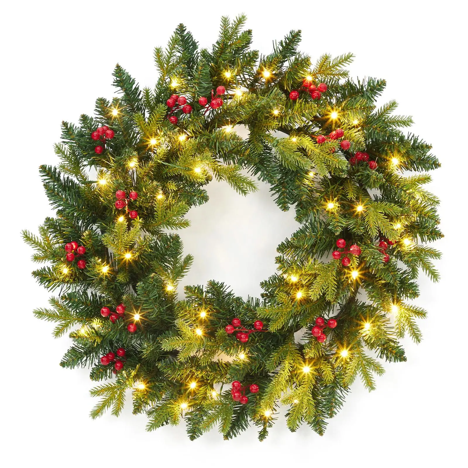 Garvee 24 Inch Christmas Wreath for Entryway, Window, Wall, Hallway, Prelit Artificial Christmas Wreath with LED Lights, Red Berries & Artificial Pine Needles, Green Xmas Holiday Decor