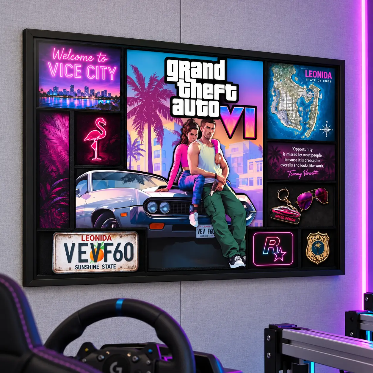 Grand Theft Auto 6 Poster, GTA VI Vice City Video Game Wall Art Print, Neon Style Collage Decor for Gaming Room and Man Cave, Gift for Gamers