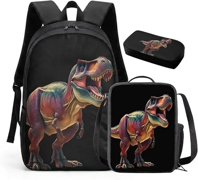 Little Boys' 3D T-Rex Dinosaur Graphic 3-Piece Backpack Set - Lightweight, Skin-Friendly Waterproof Polyester, Breathable Padded, Zipper-Closure, School, Camping Outdoors Kids Bag Set, Youth, Male, Adjustable Strap, Cushioned, Gradient T-Rex