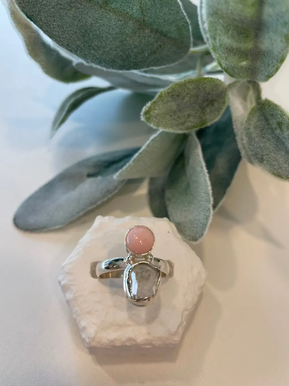 75 Herkimer Diamond w/Pink Opal Ring Sz 8
