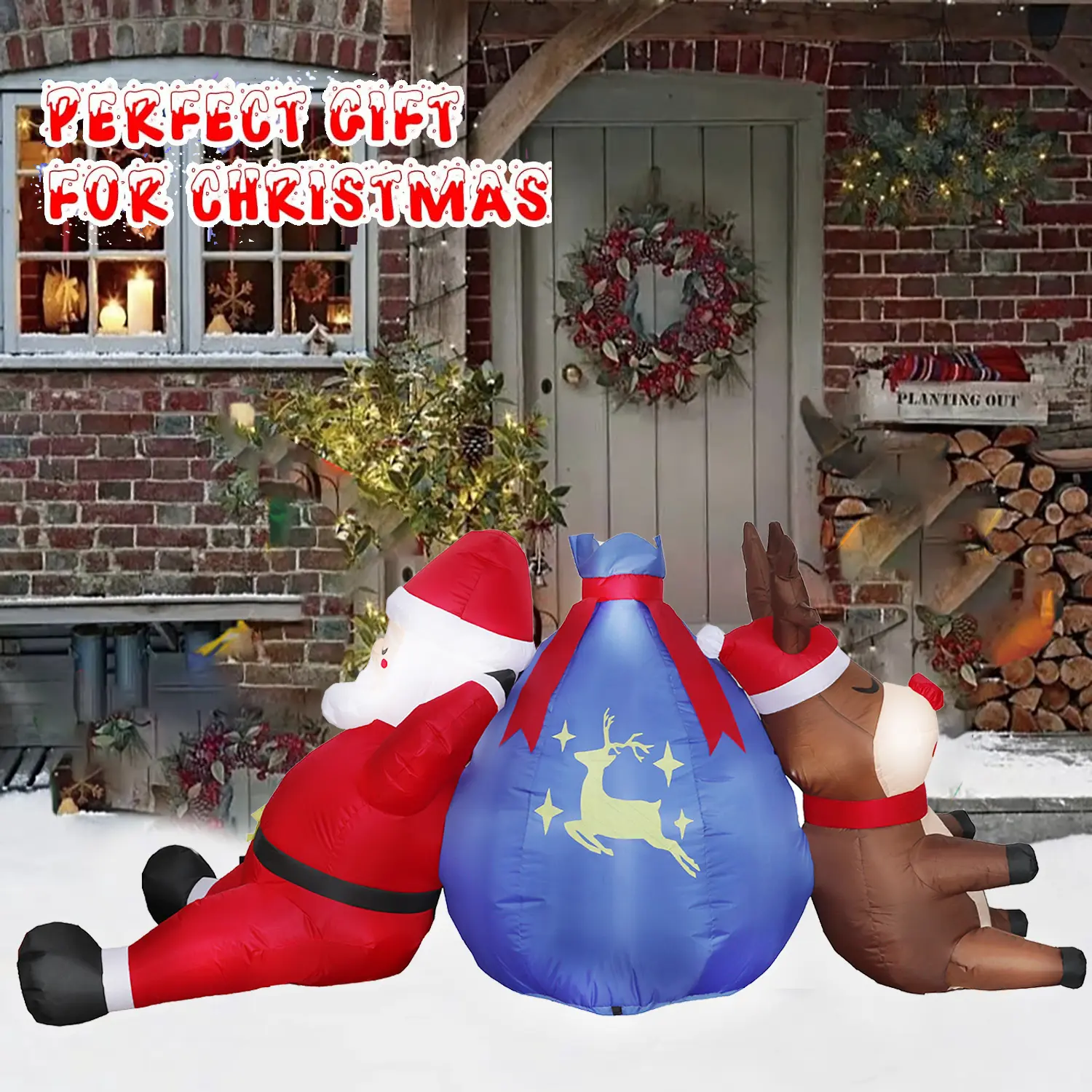 8FT Christmas Inflatables Santa Outdoor Decorations, Santa Claus & Reindeer backed by Gift Bag Inflatable with Led Lights Xmas Blow up Yard Decorations for Square Lawn Garden Patio Holiday Party Decor