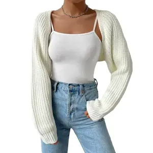 #TikTokShopBacktoSchool Women's Open Front Cropped Cardigan Long Sleeve Solid Color Ribbed Knit Shrug Sweater Bolero Tops Knitwear Womenswear Elegant Underwear knit cardigan(Sheet)