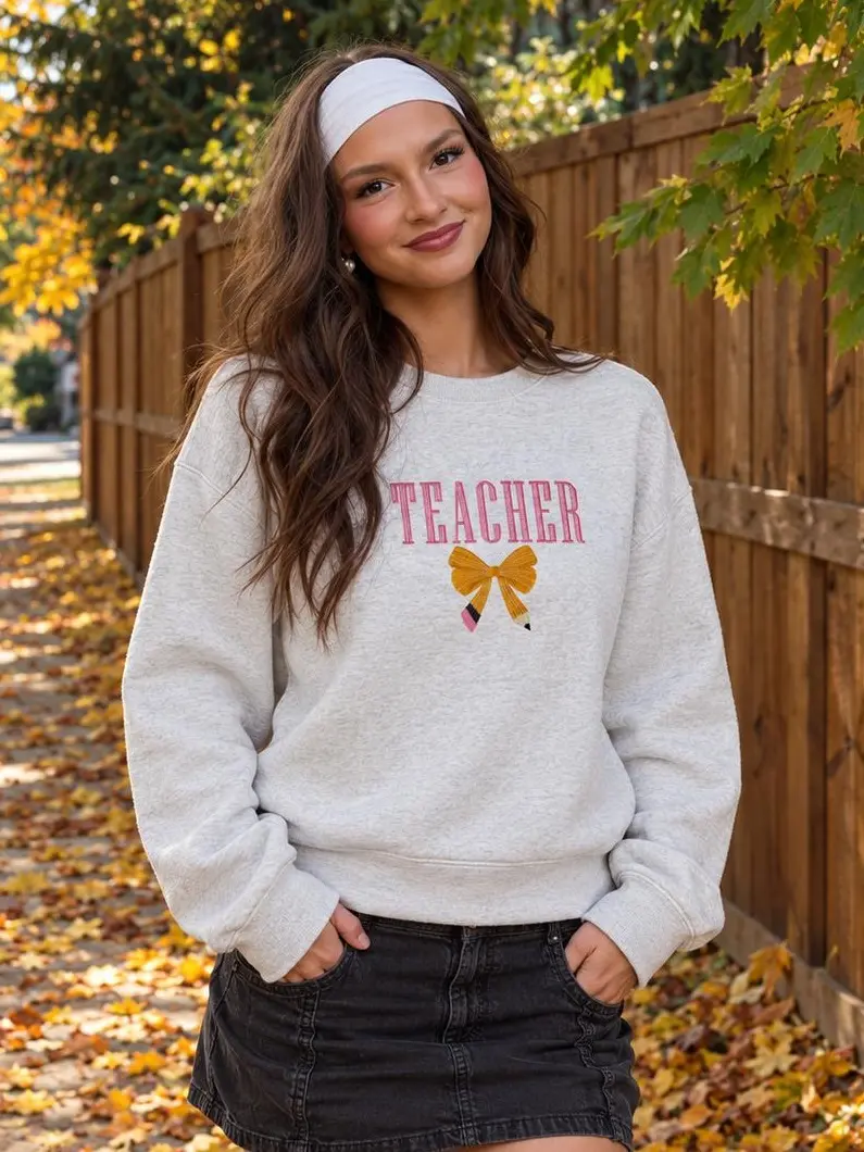 Teacher Embroidered Sweatshirt, Cute Bow Pencil Crewneck, Back to School Teacher Gift, Teacher Appreciation Pullover