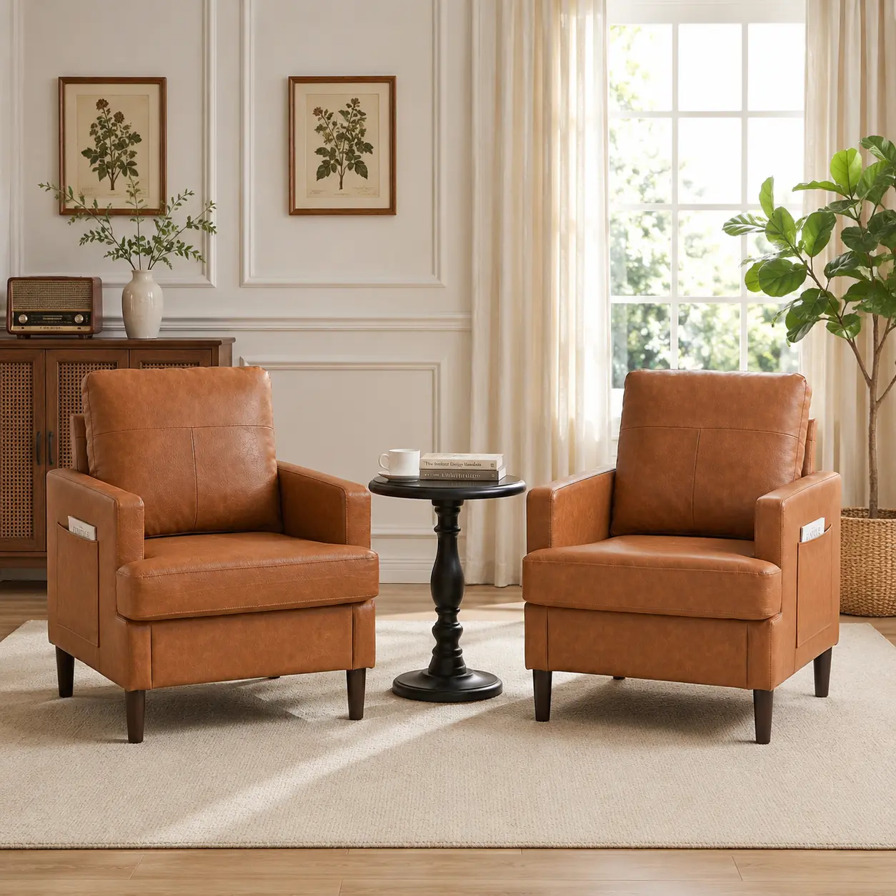 Modern PU Leather Accent Chair with Side Storage Pocket, Mid Century Armchair with 5.12" Thick Padded Seat & 115° Reclining Back, 300 LBS Comfy Club Chair for Living Room, Bedroom