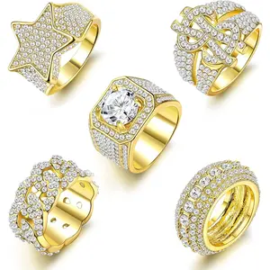 Sanfenly Iced Out Rings for Men Bling Fake Diamond Costume Pinky Rings Chunky Gold Silver 80s 90s Hip Hop Rings Star Cuban Chain Square US Dollar Sign Rapper Ring Fashion Cosplay Man Jewelry Ring Set