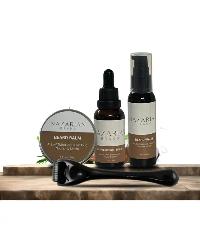 Beard Growth Kit - Serum, Oil, Balm & Shampoo for Men | 2oz Each + Derma Roller | Grooming & Styling Gift Set