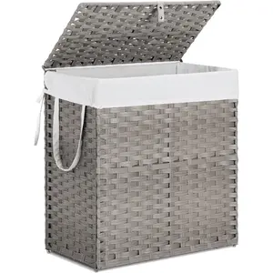 110L Laundry Hamper with Lid, Hand-Woven Pp Rattan Laundry Basket with Compartments & Handles, Removable Liner Bags,Foldable, Dirty Clothes Basket, Grey