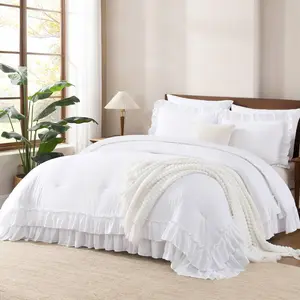 White Comforter Set Queen Size, Lightweight Fluffy Farmhouse White Ruffle Bedding Set, Soft Polyester All Season Shabby Chic 3 Pieces(1 Ruffle Comforter 2 Pillowcases)