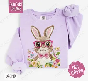 Embroidered Bunny Comfort Colors Sweatshirt, Easter Women's Crewneck, Cute Women's Sweater