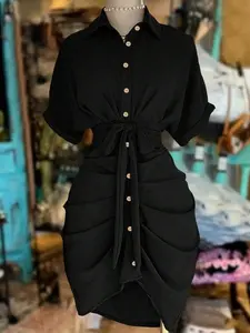 Women's Lapel Single Button Waist Belt Short Sleeve Shirt Dress, Elegant Casual Wear, Perfect for Daily, Comfortable & Stylish Design, Casual Comfy Classy