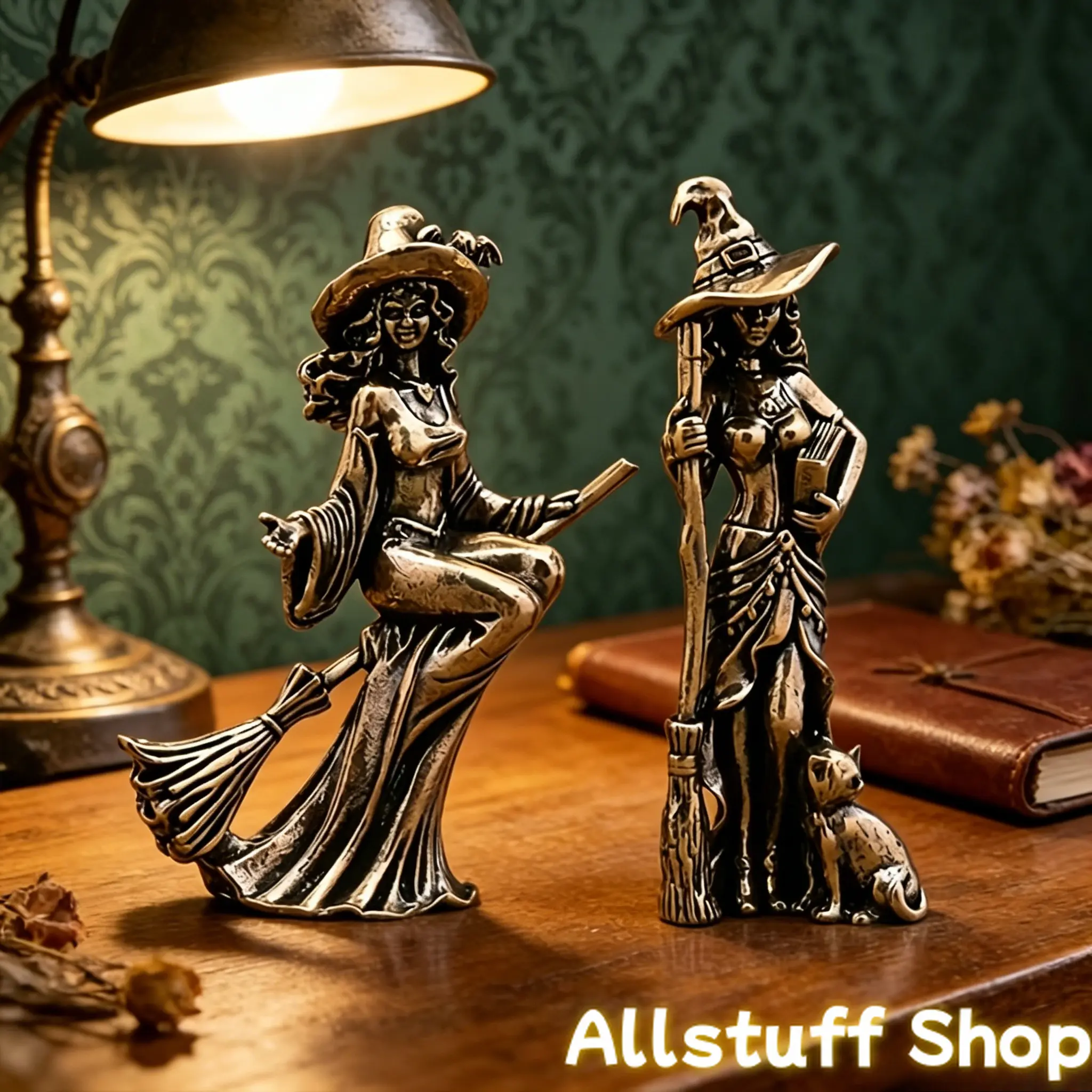 2-Piece Elegant Witch Sculpted Statue Art Figurine - Bat Pattern Hat, Fine Craftsmanship, Decor Figurine Ornaments, Collectible Ornament, Halloween Decor, Ideal for Home & Garden Use, Dark Figure Decor