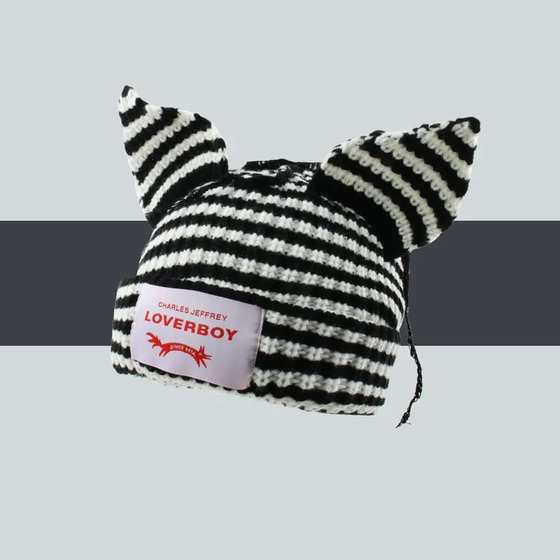 Cute Striped Cat Ears Knitted Beanie Hat, LOVERBOY Casual Y2K Soft Comfortable Funny Hats,Skullies Warm and Stylish Beanies for Women & Men Spring Fall 2025 Knitwear Cozy