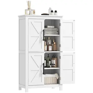 HOMCOM Farmhouse Bathroom Storage Cabinet with 4 Barn Doors, Bathroom Floor Cabinet with 2 Adjustable Shelf, Freestanding Storage Cupboard, White