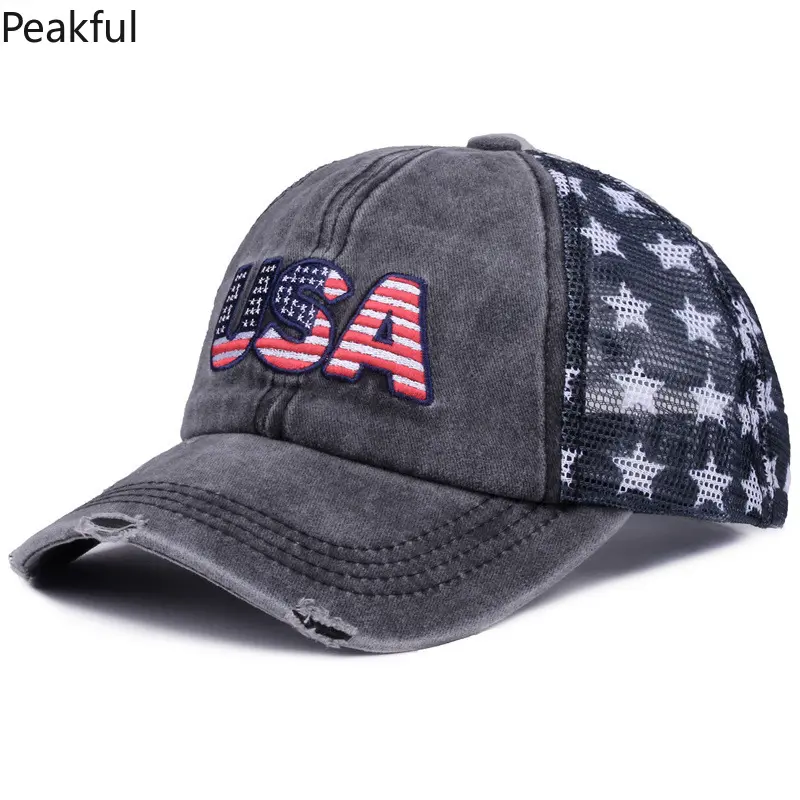 Washed cotton old baseball cross-border embroidery baseball cap American flag embroidery cap Mesh cap Pentagram mesh cap