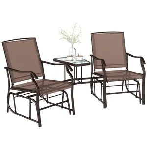 Outdoor Glider Chairs with Coffee Table, Patio 2-Seat Rocking Chair Swing Loveseat with Breathable Sling for Backyard, Garden, and Porch, Coffee Brown