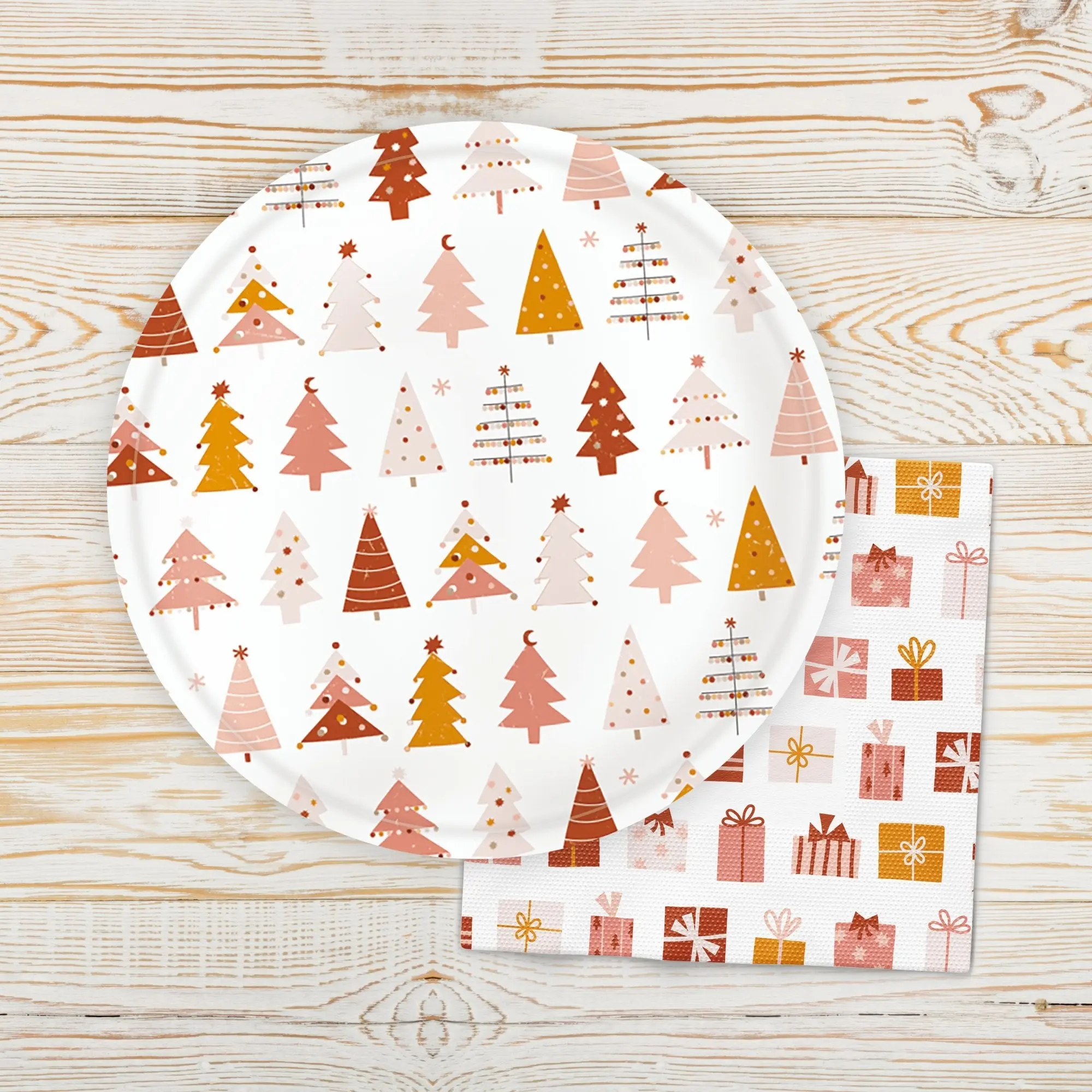 6.5 in 2-Ply Absorbent Disposable Napkins (Set of 16) - Holiday Party Tableware Bundle with Plates, Boho Christmas Tree Gifting Icons, Double