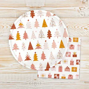 Double-Ply 6.5" Disposable Christmas Napkins Multipack Set, Festive Tableware with Plates, Boho Christmas Present Icons for Holiday Tree Gifting Scenarios