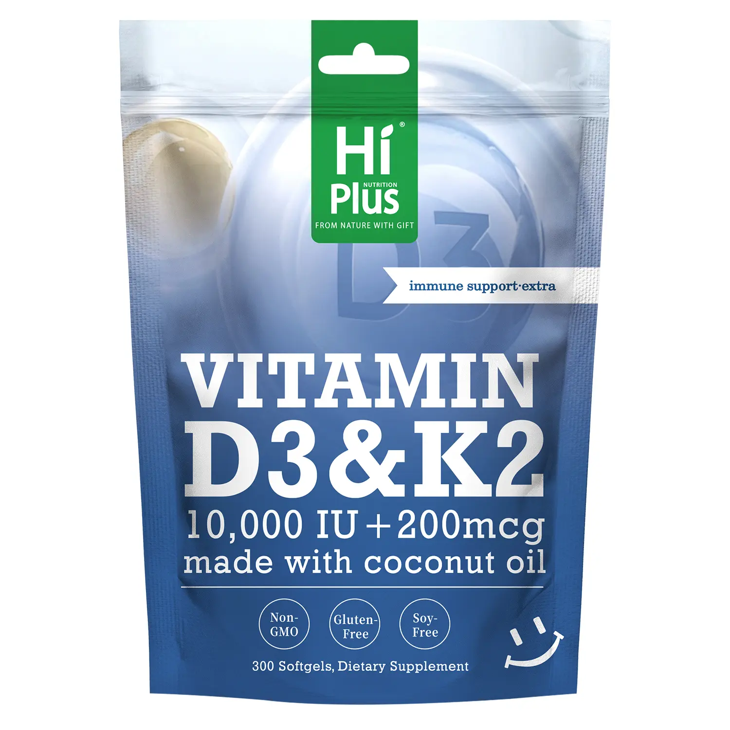 HiPlus Vitamin D3 & K2 Softgels - 10,000 IU D3 + 200 mcg K2, Coconut Oil Infused, 300-Count Extra Strength, Women's Probiotic, Dairy Free Supplement, Immune & Bone & Heart Health Support, Joint Health Supplement