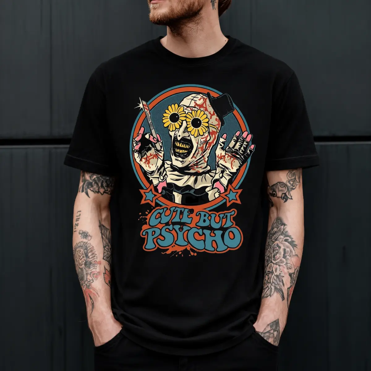 "Cute But Psycho" Art The Clown Terrifier Graphic T-Shirt, Horror Movie Slasher Clown With Flower Sunglasses And Scalpel, Retro Vintage Style Spooky Apparel, Black Cotton Crewneck Tee, Perfect Edgy Gift For Horror Fans And Halloween Lovers
