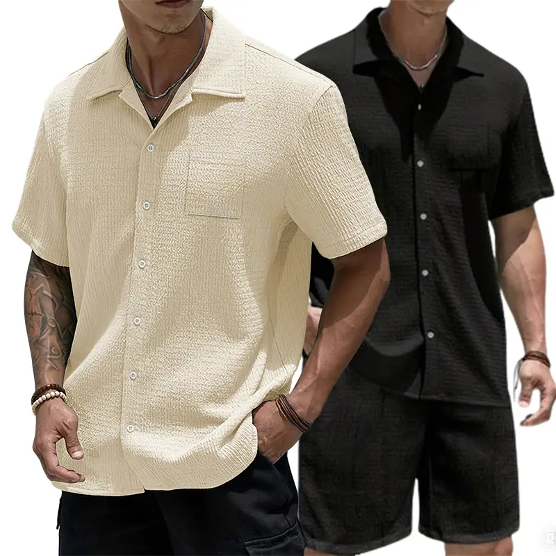 Men's Lightweight Breathable Textured Waffle Camp Collar Button Down Shirt - Wrinkle Resistant Summer Resort Casual Top