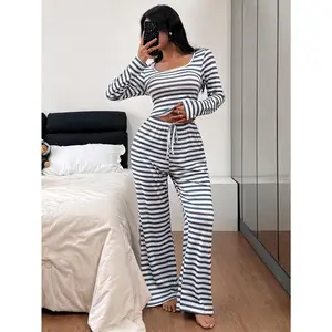 Women 2pcs Casual Striped Print Long Sleeve Top and Loose Pants with Drawstring Pajama Set Fall Winter Soft Comfortable Fabric Sportswear Set