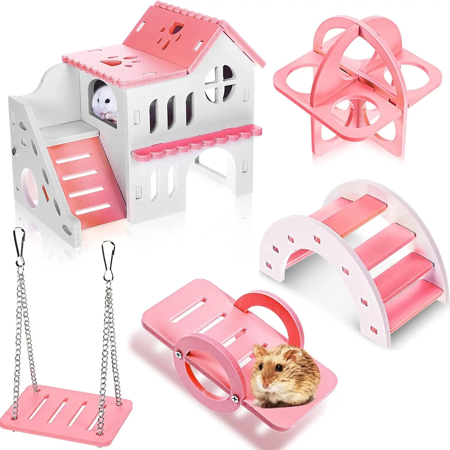 5-Piece Hamster Toy Set  House Seesaw Bridge Swing & Exercise Circle