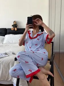 Valentine's Day Women's Sleepwear Set, Blue Striped Print Ruffle Short Sleeve Long Pants Pajamas, Casual Home Wear