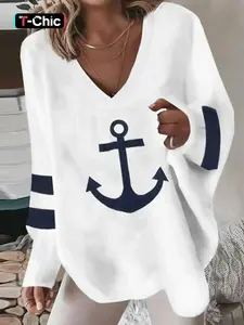2026 New Model Women's Striped & Anchor Print Drop Shoulder V Neck Sweater, Casual Long Sleeve Pullover Jumper for Daily Wear, Comfy Knitwear Spring & Fall, Soft Touch, Crop Top Fit, Wardrobe Essential