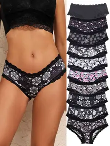 10-Pack Women's Fashion Printed Underwear Set, Lace Trim, Elastic Waistband, Slim-Fitting, Fitted Panties, All Seasons, Sexy Style