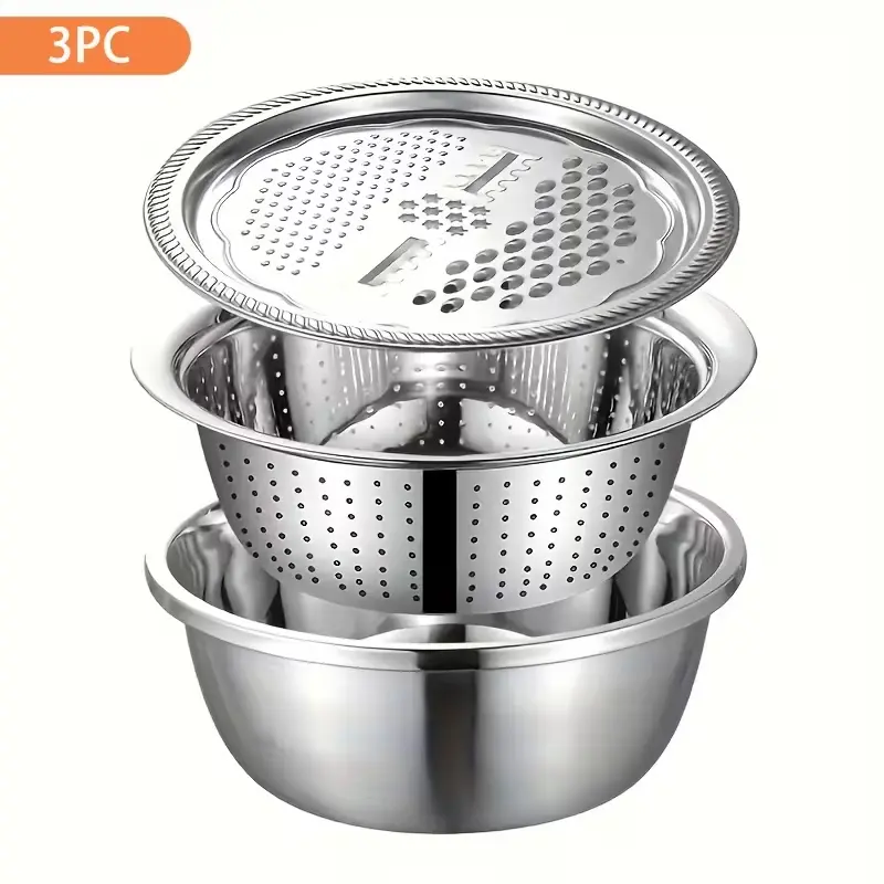 2026 Upgraded 3 in 1 Multifunctional Stainless Steel Basin Set, Kitchen Grater with Strainer and Drain Basket 11.02 Inch
