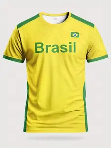 Men's Brazil Simple Style Football Jersey, Flag Letter Print Short Sleeve Soccer Shirt, Comfortable Soft Fabric, Casual Fanwear, Sports Top