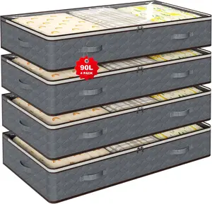 90L Bed Containers,4-Pack Closet Organizers and Bins,for Organization and Clothes, Shoes, & Pillows,Transparent Top Bins with Lids, Grey